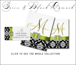 Green Black Wedding Invitations with Damask by MonogramGallery.ca