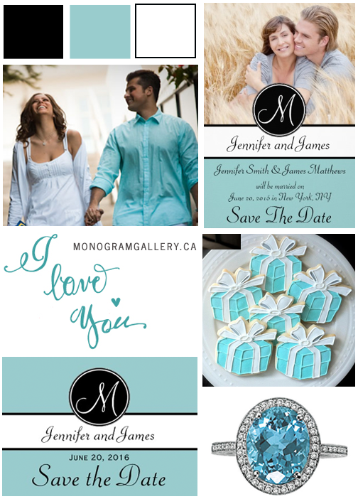 Tiffany Blue Save the Date Cards and Tiffany Blue Engagement Inspiration Board by MonogramGallery.ca