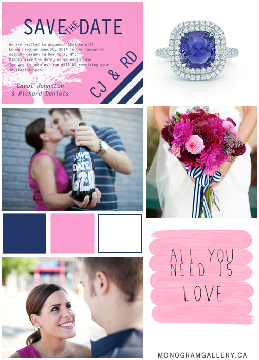 Save the Date Inspiration Board for Navy Blue Pink Save the Dates | Preppy Wedding Tree by MonogramGallery.ca