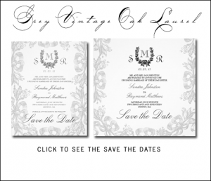 Gray Save the Dates with Vintage Oak Laurel and Monograms by MonogramGallery.ca