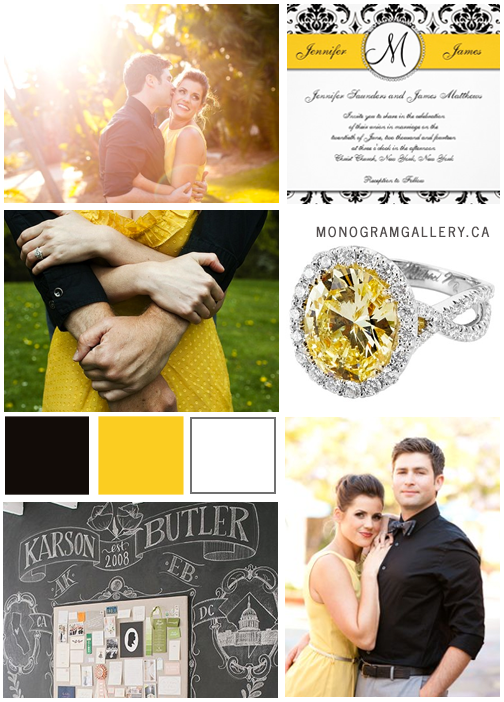 Inspiration Board for Black White Yellow Damask Wedding Invitations with Monogram by MonogramGallery.ca