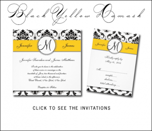 Black White Yellow Damask Wedding Invitations with Monogram by MonogramGallery.ca