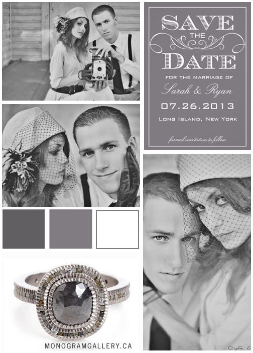 Inspiration Board for Vintage Gray Save the Dates with Swirls by AntiqueChandelier for MonogramGallery.ca