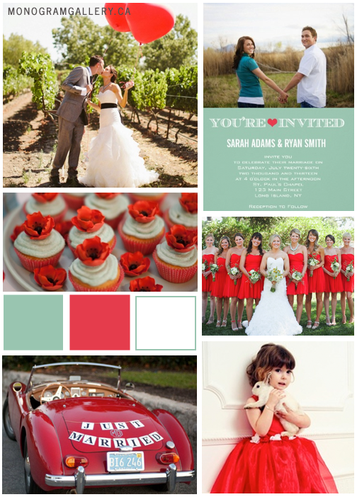 Inspiration Board for Mint Green Poppy Red Wedding Invitations by AntiqueChandelier for MonogramGallery.ca