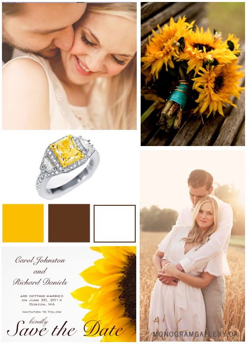 Yellow Brown Sunflower Save the Date Cards by BlissfulWedding. Inspiration Board by MonogramGallery.ca