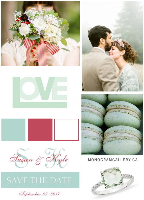 Inspiration Board for Mint Green Red Save the Dates with Modern Monogram by MonogramGallery.ca