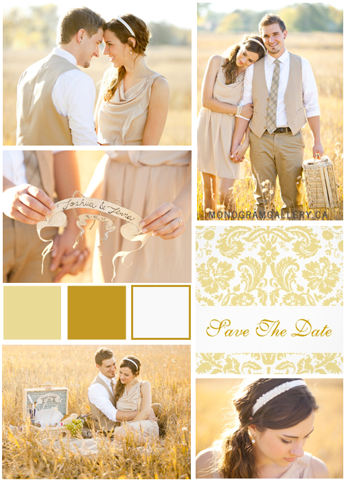 Gold Inspiration Board for Cream Damask Save the Date Cards by the WeddingCentre for MonogramGallery.ca