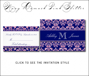 Navy Blue Pink Damask Wedding Invitations by MonogramGallery.ca