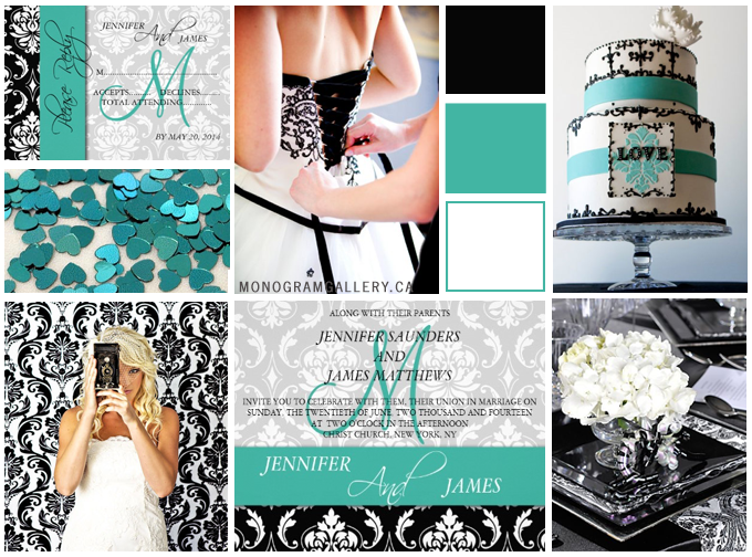 Wedding Inspiration Board for Teal Black Damask Wedding Invitations by MonogramGallery.ca