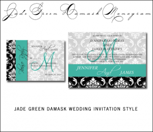 Teal Black Damask Wedding Invitations by MonogramGallery.ca