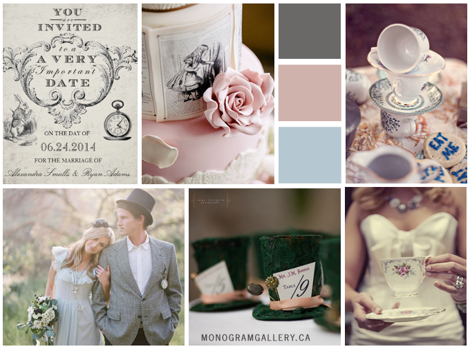 Vintage Alice in Wonderland Wedding Invitations by AntiqueChandelier Wedding Inspiration Board by MonogramGallery.ca